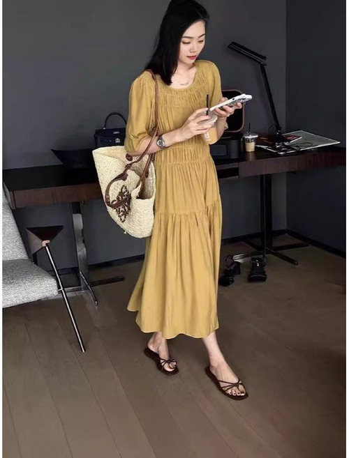 碎花連衣裙女中長款夏季新款顯瘦氣質設計感長裙, 向日葵色