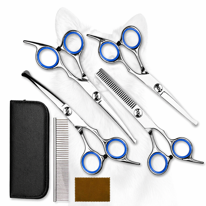 반려동물 강아지 고양이 미용가위 풀세트, 실버  블루링, 1세트