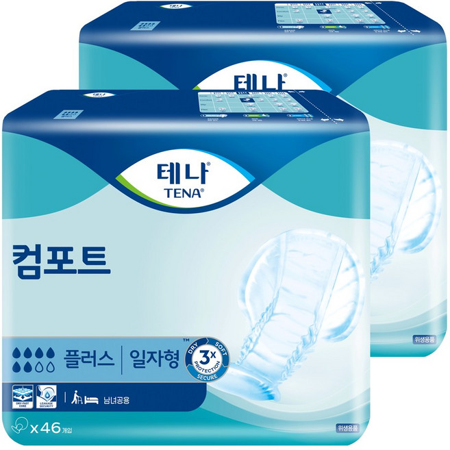 테나 남녀공용 컴포트 플러스 패드형 성인기저귀, 46개입, 2개