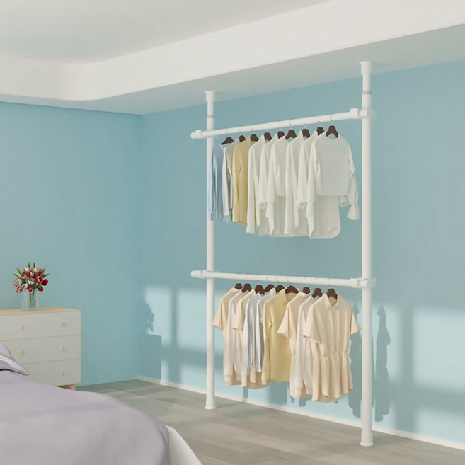 라온리빙 옷걸이 옷방 정리 드레스룸 철제 조립식 시스템 행거 2단, 화이트