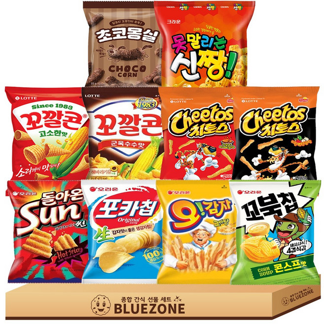 [블루존] 오리온 롯데 크라운 봉지과자 스낵세트 꼬깔콘 고소한맛 군옥수수맛 치토스 매콤달콤한맛 바베큐맛 포카칩 오감자 꼬북칩 썬칩 못말리는신짱 초코몽실, 1박스