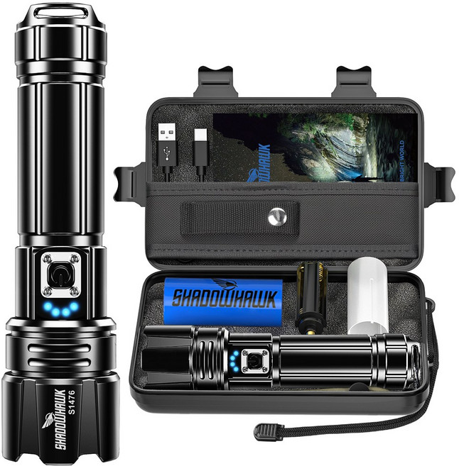 Shadowhawk 초강력 led 손전등 2000Lumen 매우 밝다 USB충전식 12H 항속 5000mAh 배터리 휴대용 랜턴 IP67방수5단 모드 캠핑 응급 등산 선박, 1세트, 블랙