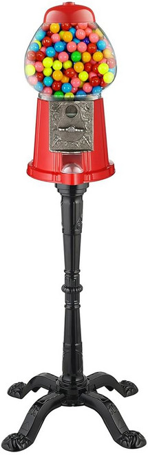 스탠드와 코인 뱅크가 있는 15인치 껌볼 머신 - 유리 글로브와 메탈 베이스가 있는 풍선껌 머신 캔디 디스펜서 자판기 - 그레이트 노던 팝콘의 빈티지 스타일 껌볼 머신 빨간색, 레드, 1개