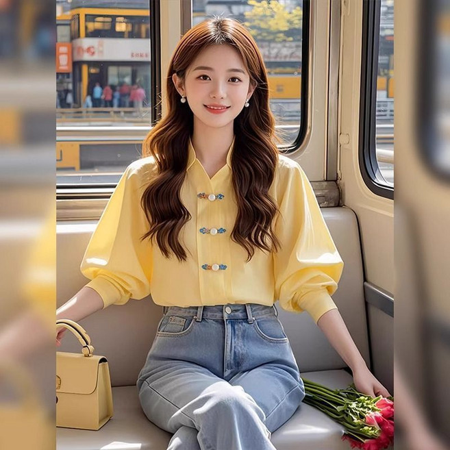 PETITBATH 여성 유니크 옐로우 데일리 셔츠