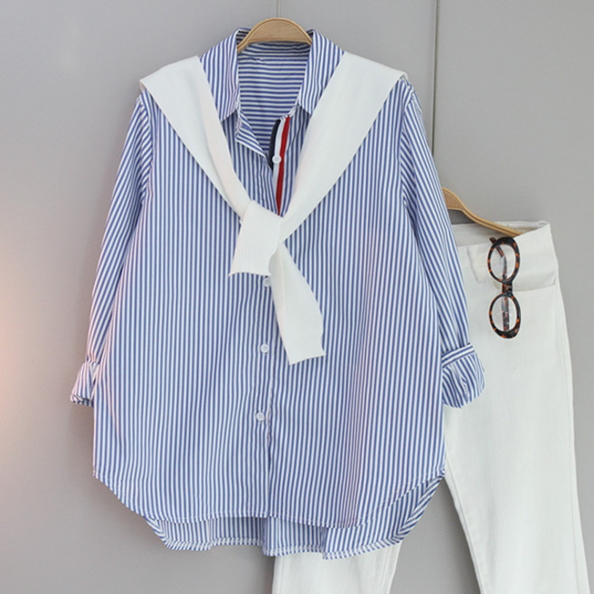 달콩 여성 봄신상 남방 카라넥 삼선스트라이프카라셔츠