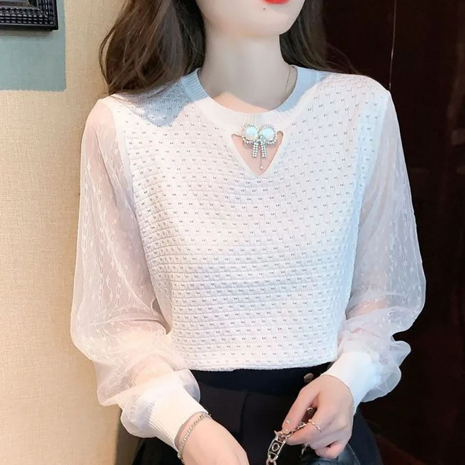 MOSAIRATION 여성 긴팔 블라우스 니트 배색 얇은 긴팔 티셔츠 진주 장식 E0011312