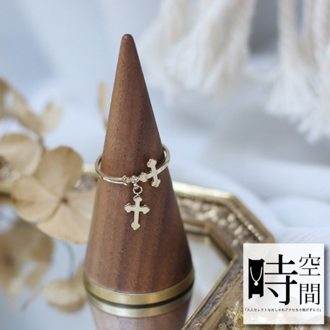 時空間愛情信仰雙重十字架垂墜造型(14Kgpゴールド)戒指, 1個