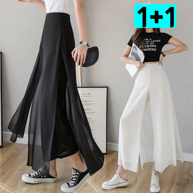 JUSTFEELING 1+1 여성용 데일리 캐주얼 쉬폰 와이드 9부 팬츠 트임 시원한 치마바지 쿨바지