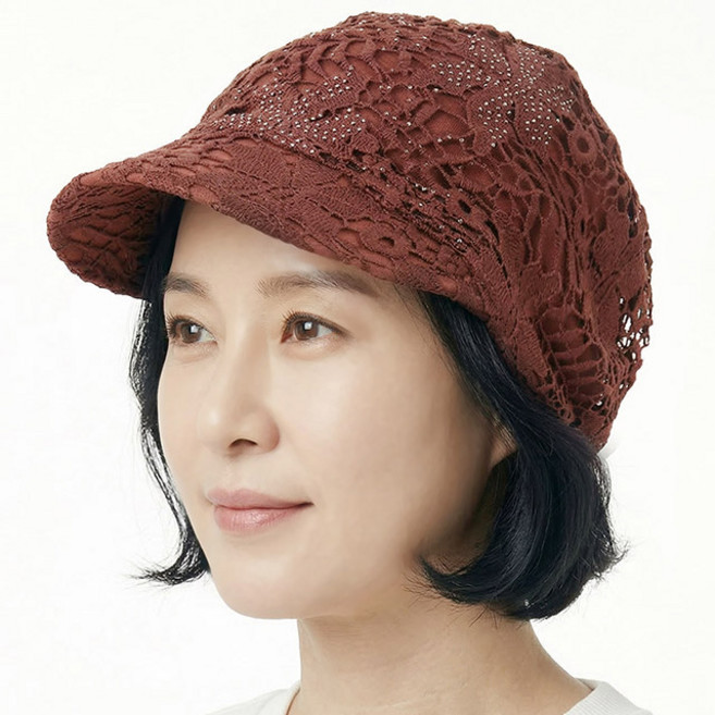 베이직엠 중년 여성 여름모자 챙비니 망사 플라워 핫픽스