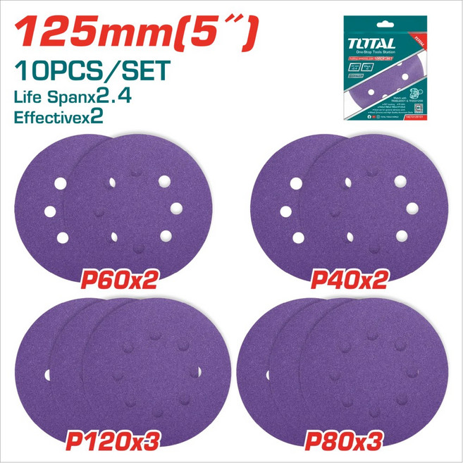 TOTAL 黏扣圓砂紙 125mm(5/) 10PCS/SET, 1個