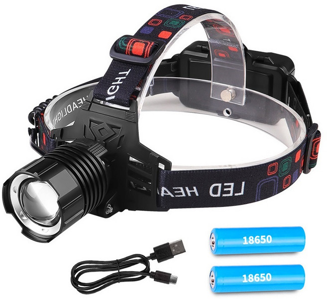 laderiveLED 충전식 헤드랜턴 1200루멘 신축식 집광 18650배터리*2 낚시 캠핑 등산 아웃도어 용품, 1세트, 블랙