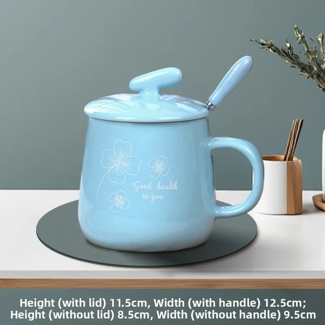 노르딕 세라믹 커피 컵 세트 수제 고온 베이킹 전용 예술적인 숟가락 및 뚜껑 포함, 04 파란색 [네잎클로버] + 스푼 세트