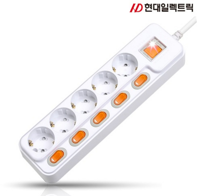 현대일렉트릭 5구 개별 과부하차단 스위치형 16A 멀티탭 1.5m 3m 5m, 1개