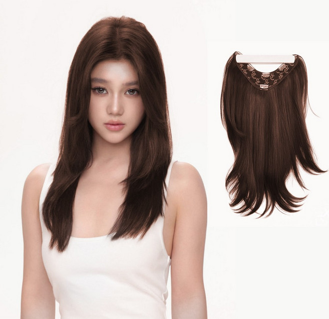 SEVOREN 레이어드컷 가발 붙임머리 C컬 볼륨 일체형 긴머리 숱 보강 길이 연장 부분가발, 1개, 다크브라운