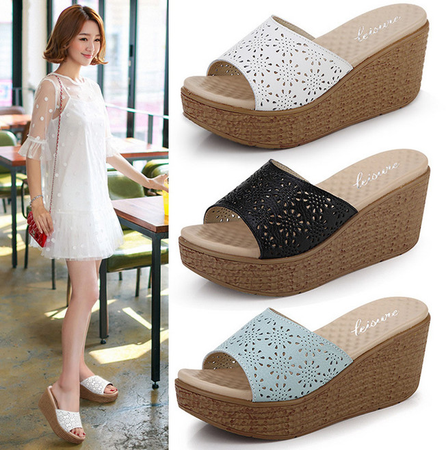 가벼운 가보시 통굽 힐 6cm 여성펀칭 슬리퍼 샌들 A6210