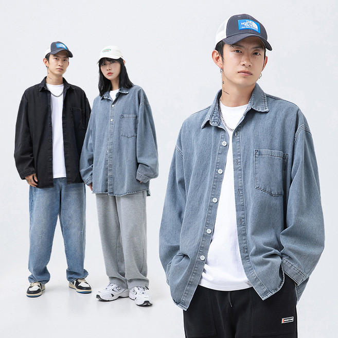 POMTOR 남성 오버핏 데님 셔츠 워시드 소재 4계절 코디템