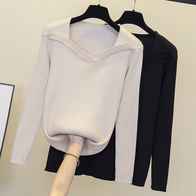 (매진 임박) 150kg까지 빅사이즈 1+1 여성 레이어드 패치워크 브이넥 니트 봄 가을 편한 패션 무지 데일리 심플 스트라이프 스판 디자인 캐주얼 날씬해보이는 우아한 이너 니트티