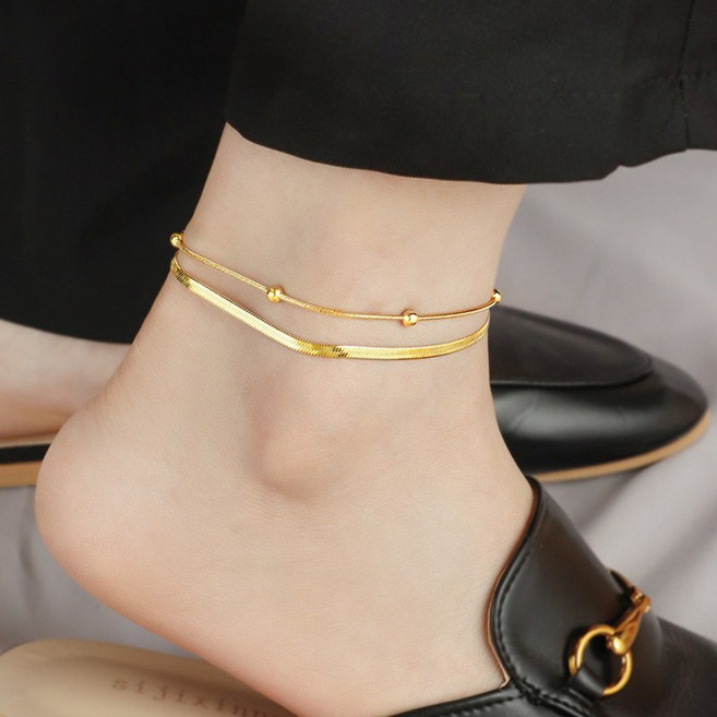 시르겜스 여성용 14k 도금 구슬 스네이크 체인 두줄 발찌 DD-013