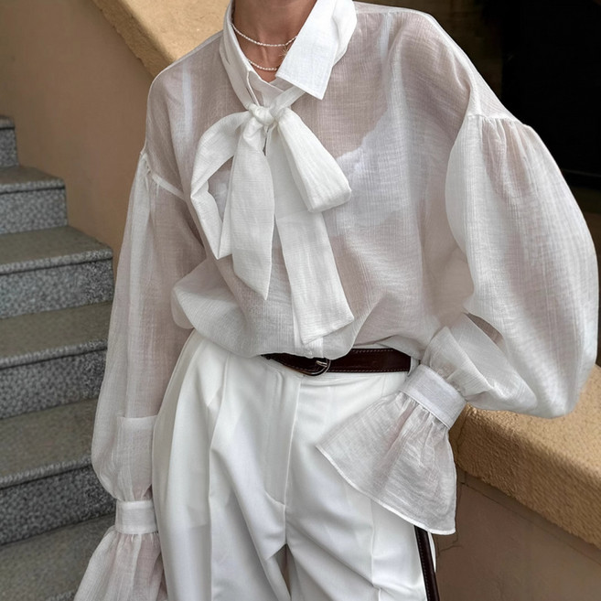 해피유통 여성 리본 타이 블라우스 루즈핏 시스루 셔츠 벌룬소매 우아한 스타일