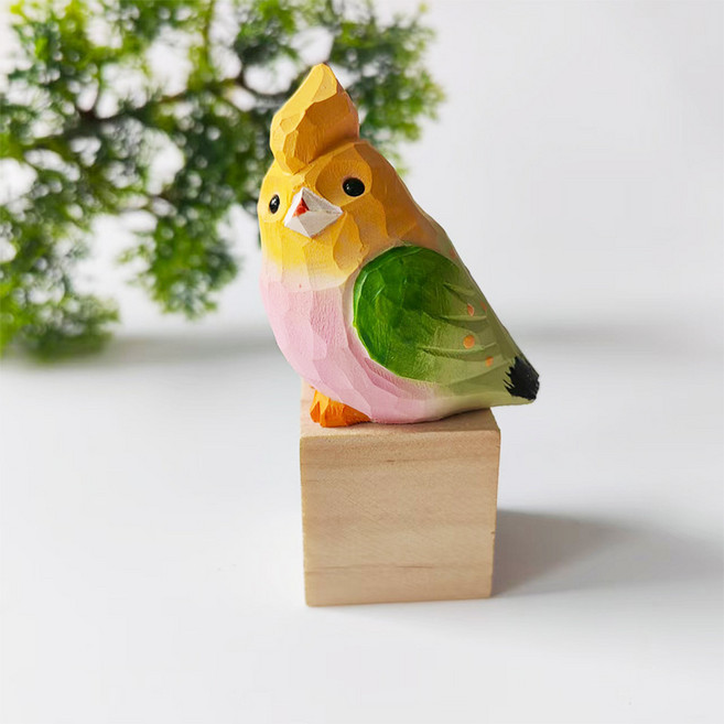 手工實木雕刻鸚鵡擺件, 黃粉嬌鳳鳥 無木方