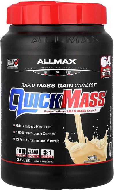 ALLMAX QuickMass® 빠른 질량 증가 촉매 바닐라 1.59kg(3.5lbs) ALLMAX (올맥스), ALLMAX, QuickMass®, 빠른 질량 증가, 1.59kg, 1개 - 쿠팡