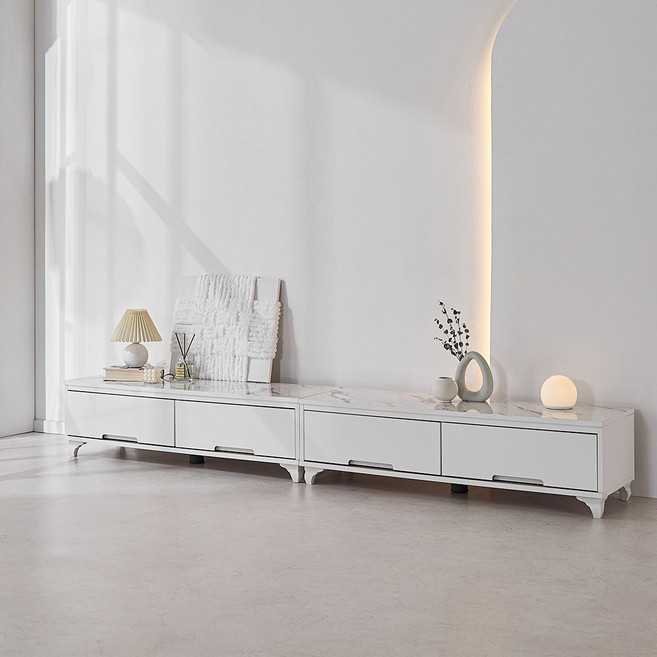 플레인 2400 UV하이그로시 도장 유광 거실장 85인치 TV 다이 장식장 선반 티비장 문갑, 마블상판,화이트서랍