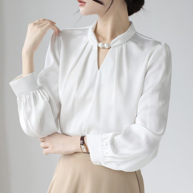 COSYEVNO 여성 봄 진주 장식 브이넥 블라우스 긴팔 셔츠 오피스룩 LFHnscs-1