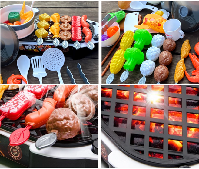 바비큐 파티장난감 약 69피스-1세트 장난감 바베큐놀이 캠핑놀이 장난감그릴+도마+냄비+장난감바베큐꼬치외 캠핑장난감, 레드, 1개