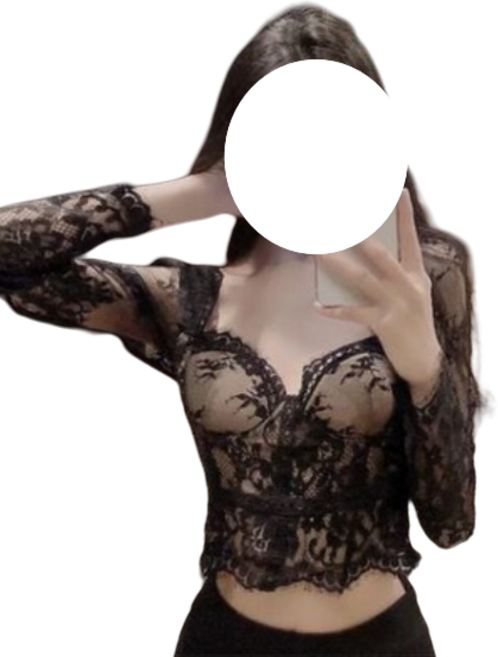 시스루 레이스 하트넥 블랙 섹시 홀복 블라우스 긴팔 슬림핏 크롭 가슴파임 파티룩 클럽룩