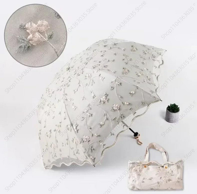 수놓은 레이스 더블 우산 UV 보호 비와 눈 접는 작고 휴대 공주 바람과
