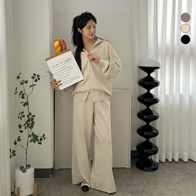 디테일웨어 여성 로그집업 니트 상하의세트 빅사이즈 여자 츄리닝 임부복 비스코스 하이넥 니트집업 밴딩팬츠 간절기 셋업