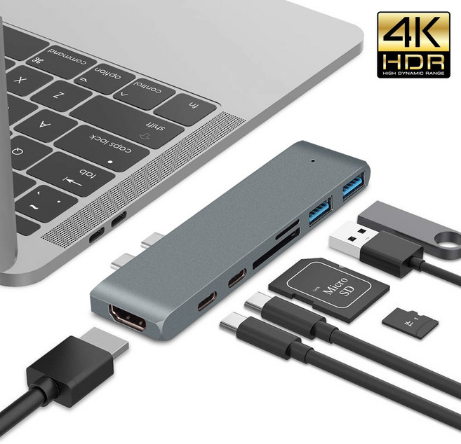 貝占 TYPE-C 轉 USB 4K HDMI 擴充 PD 轉接器 MacBook 讀卡機 拓展塢, 灰-雙孔, 1個