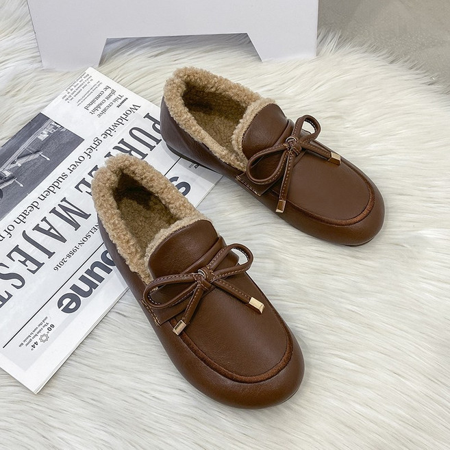 가죽 뽀글이 플랫 슬립온 리본 발편한 여성 겨울