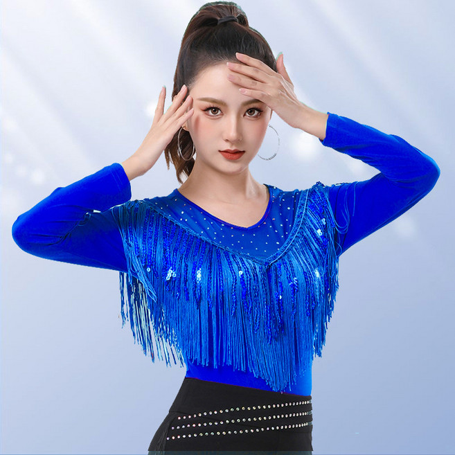 라인댄스복 스포츠댄스복 여성용 수술 스팽글 라운드 긴팔 티셔츠 Women's T-shirt 뉴타임즈