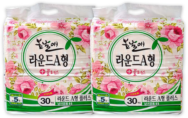 봄날애 성인용 속기저귀 라운드A형 패드 플러스, 2개, 30개입