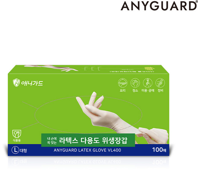 애니가드 라텍스장갑 L사이즈 100매 일회용장갑 식품용필증, 대(L), 1개
