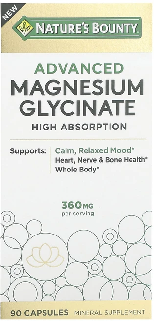 Nature's Bounty 어드밴스드 마그네슘 글리시네이트 높은 흡수율 360mg 캡슐 90정(캡슐 1정당 120mg), NaturesBounty어드밴스드마그네슘글리시네이트높은, 1개, 90정 - 쿠팡