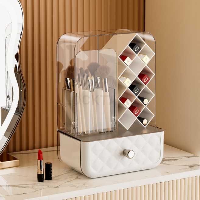 락톡마켓 화장대 정리 오거나이저 립스틱 정리함 브러쉬 수납박스 투명커버 메이크업 정리함, 클래식 화이트, 1개