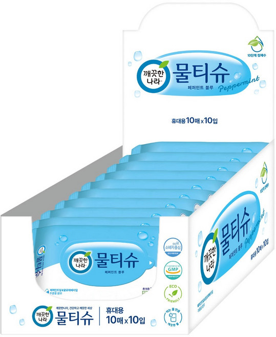 깨끗한나라 페퍼민트 휴대용 물티슈 10매 X 10팩 X 1개, 10개입, 10개