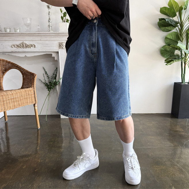 웨일즈 6부 원턱 버뮤다 벌룬 와이드 팬츠 데님 청 반바지 (3 Colors) 빅 사이즈 까지