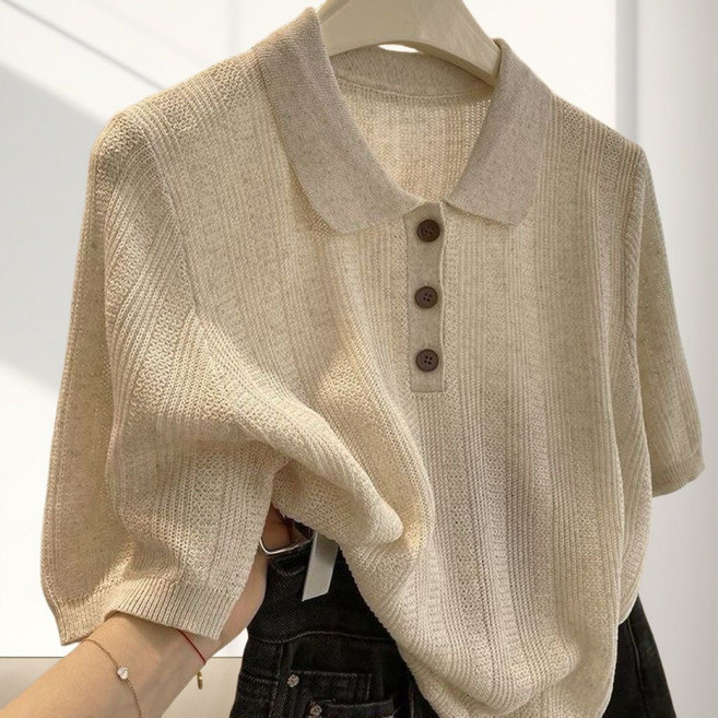 여성 쿨 냉감 니트 반팔티 루즈핏 편안한 카라넥 여름 니트