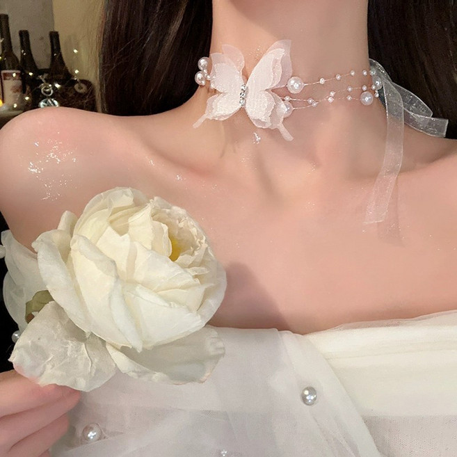일호장신구 나비 진주 체인 레이스 초커 목걸이 러블리 웨딩 파티 할로윈 클럽 코스튬