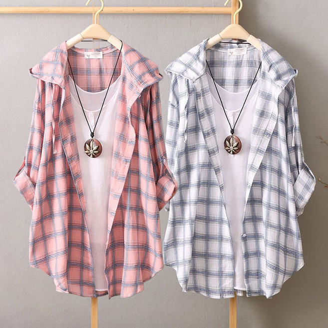 로르카 여성 체크 후드 버튼 루즈핏 긴팔 캐주얼 데일리 롱 셔츠 E01031709