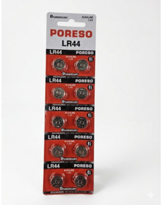 [리튬건전지]PORESO LR44 알카라인 버튼 건전지 10개입 (0% 수은 1.5V)