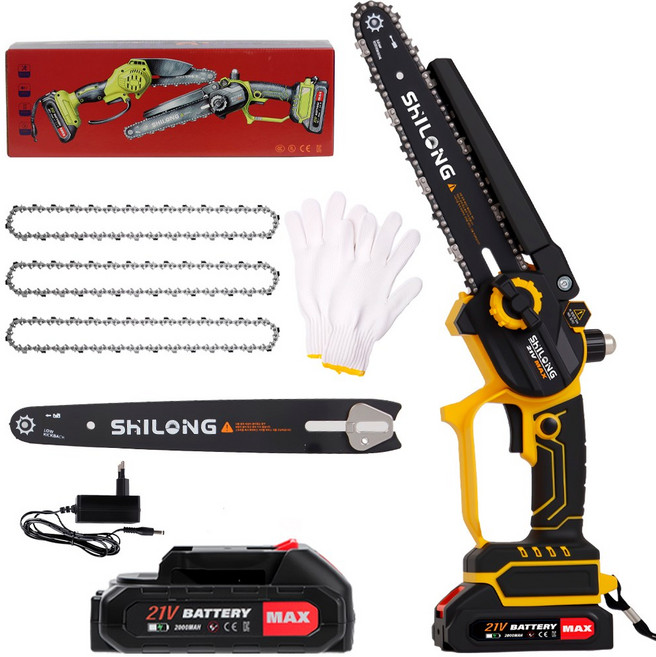 SHILONG 무선 체인톱 충전식 가정용 미니 소형 나무 가지치기 전기톱, 1개, 본품 + 배터리1개