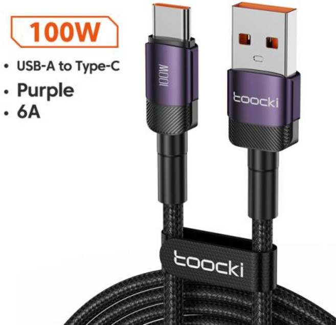 Toocki USB C타입 케이블 화웨이 아너 삼성 초고속 충전 USB C 충전기 데이터 케이블 와이어 코드 100W, Purple USB-A 100W, 1m, 1개