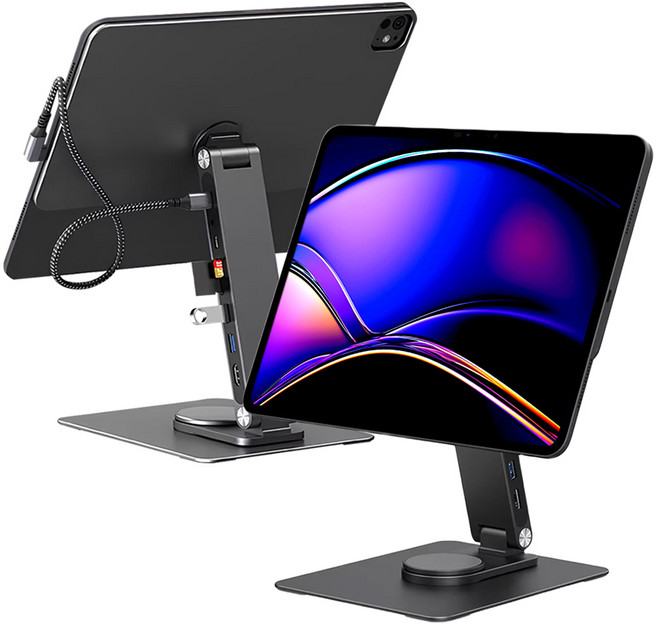 ED 아이패드 마그네틱 멀티허브 스탠드 / 아이패드 프로 11 M4 거치대 아이패드 프로 11 M5 거치대 360도 회전 아이패드 거치대, 11인치, 1개, 블랙, ED 마그네틱 거치대 허브형