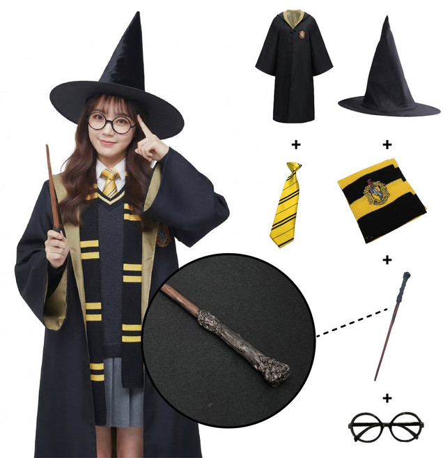 [청춘교복] 고급형 해리포터 지팡이 6종세트 로브+머플러+자동무지타이+안경+지팡이+모자 코스프레 할로윈 마법사 졸사 졸업사진