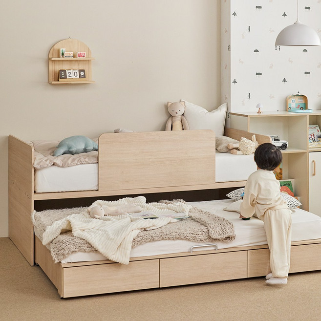 장인가구 피터 2단 슬라이딩 수납침대S_매트별도, ALL내추럴_우드가드