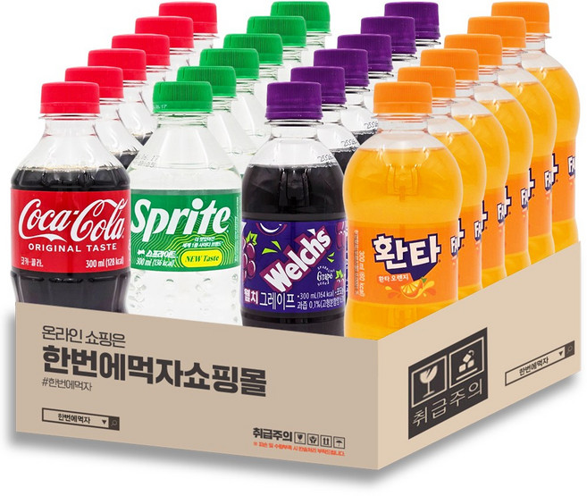 [한번에먹자] 탄산음료 300ml 4종 혼합 / 코카콜라 6 + 스프라이트 6 + 환타오렌지 6 + 웰치스포도 6 / 총24페트